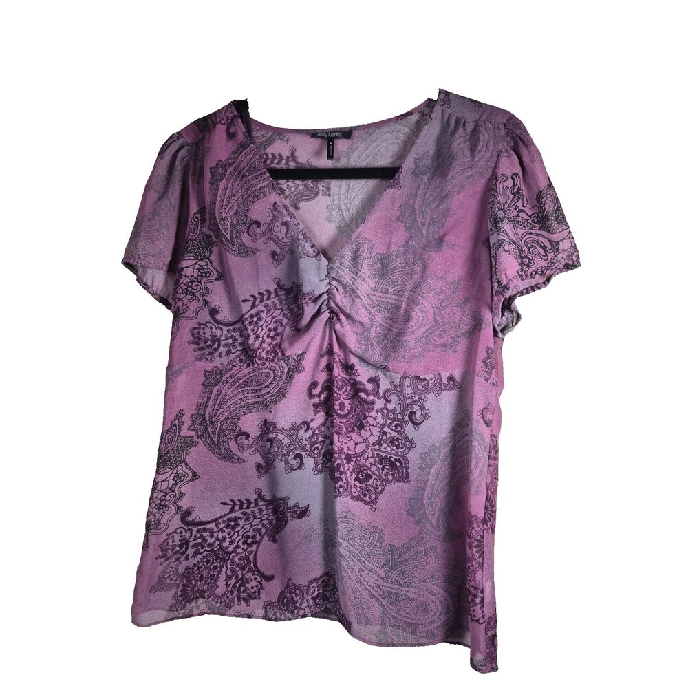Daisy Fuentes Womens Blouse Sz M Purple Mauve Paisley V-Neck Ruched Center Top
